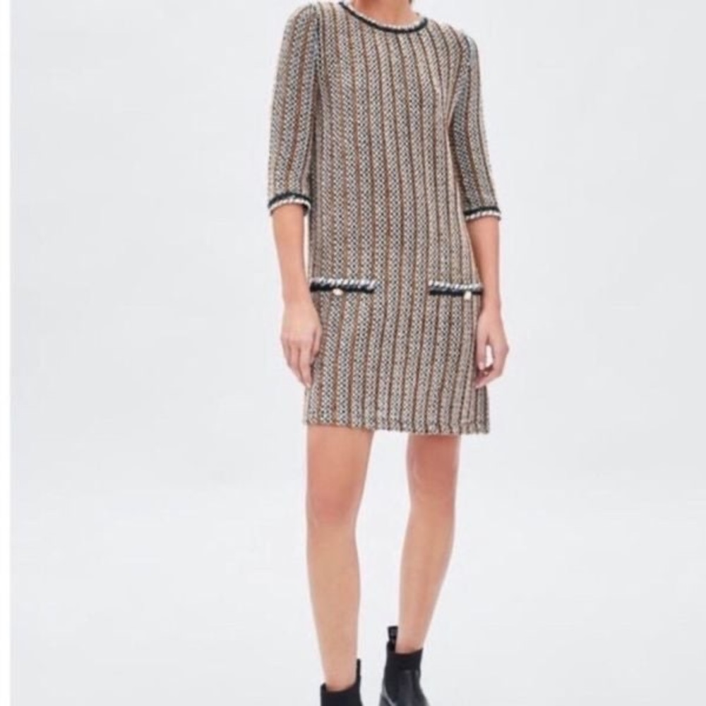 Zara Chemise Tweed 3/4 Sleeve Mini Dress Women Size S Small